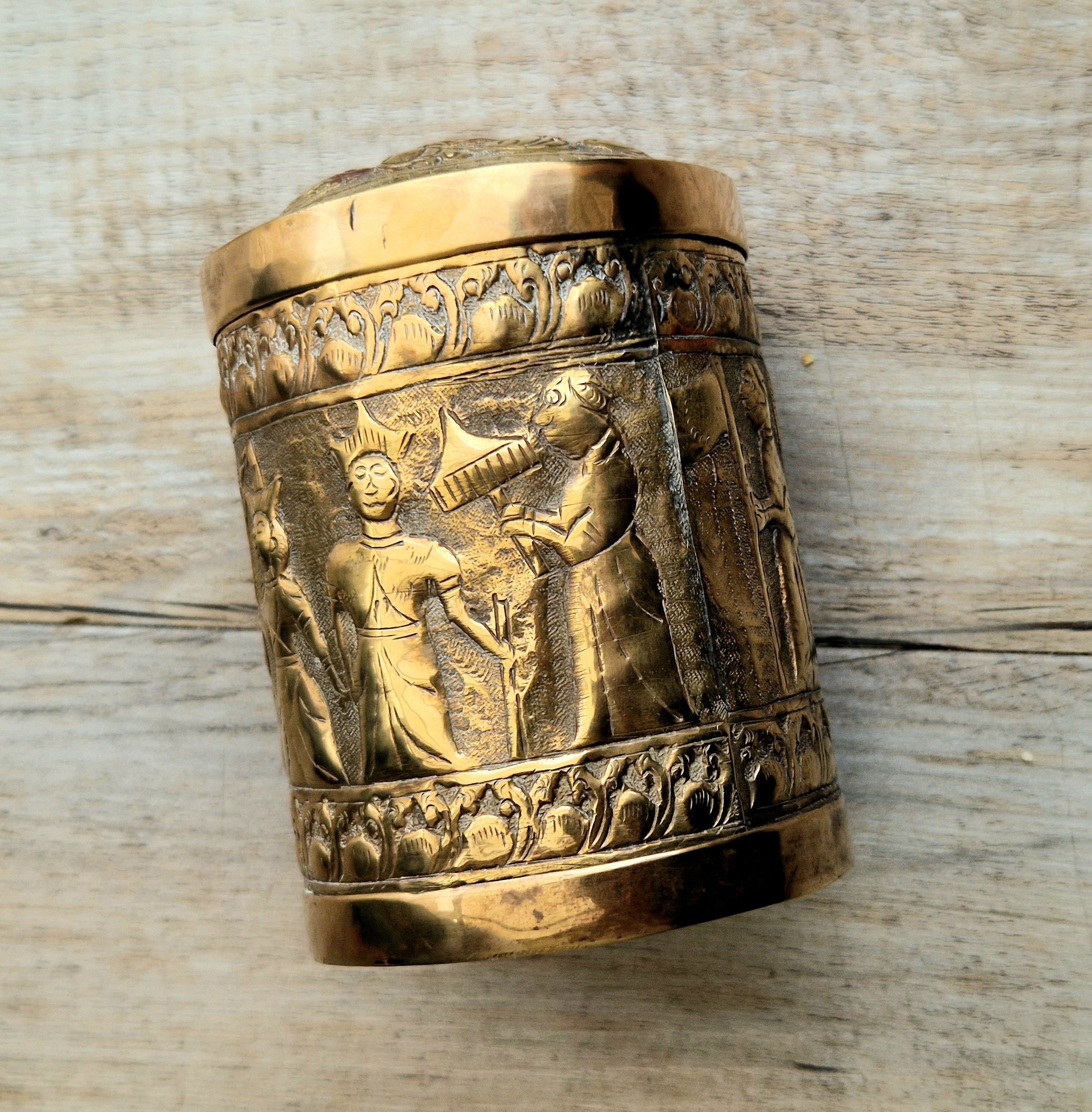 19th Century Brass Rapousse Betel Nut Lidded Decorative Canister