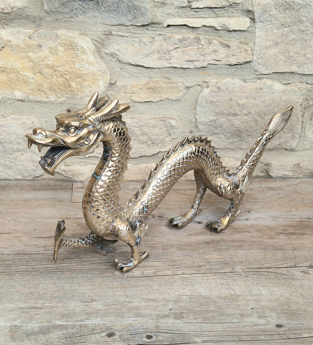 Mid Century High Quality Large Sand-Cast Brass Heavy Chinese Mythical Dragon Figure 51cm