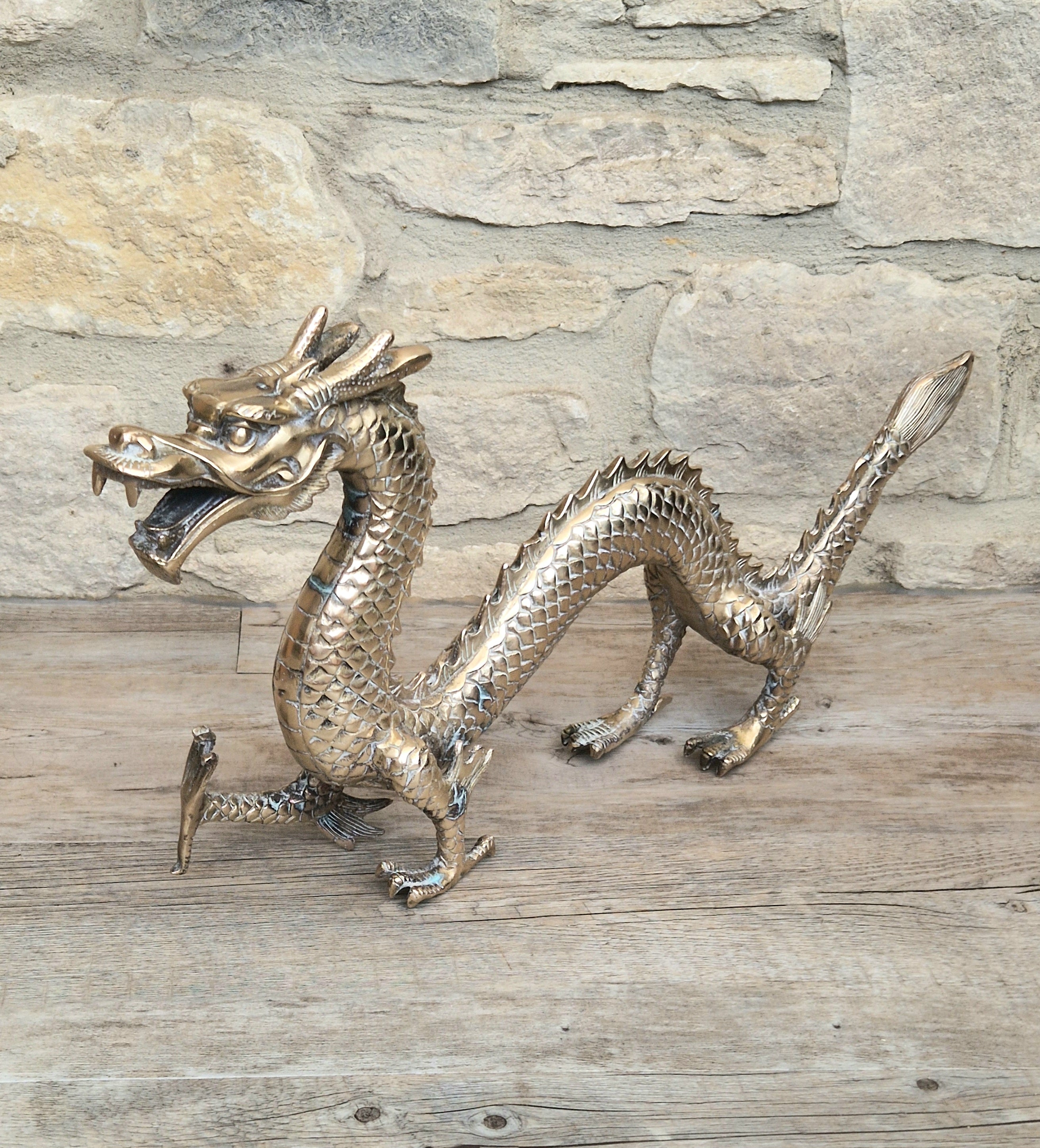 Mid Century High Quality Large Sand-Cast Brass Heavy Chinese Mythical Dragon Figure 51cm