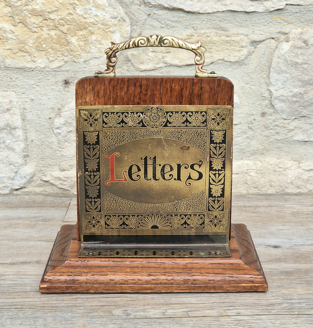 Antique Arts & Crafts Brass And Quarter Sawn Oak Gentleman's Handled Double Letter Rack Stand