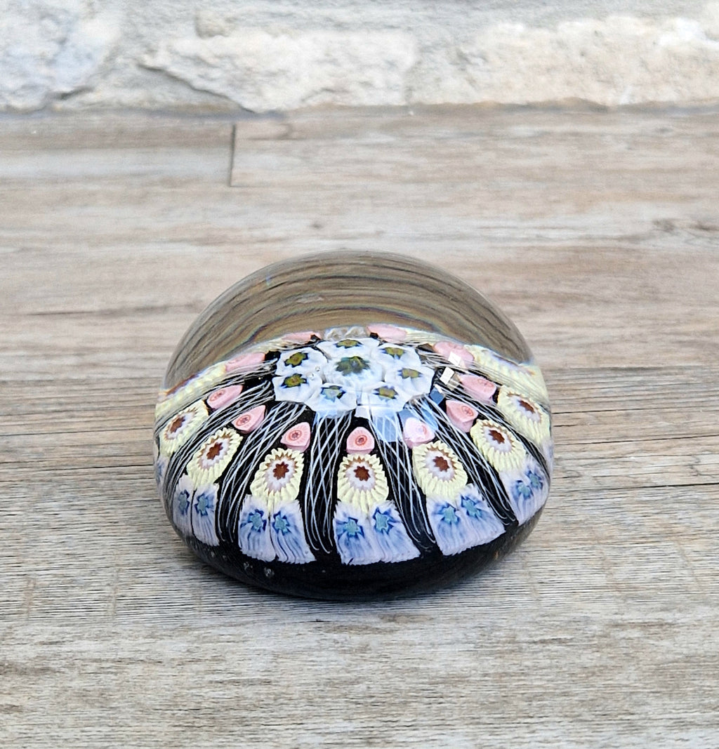 Strathearn Art Glass Paperweight 11 Spoke Millefiori with Filligree on Purple Ground Vintage