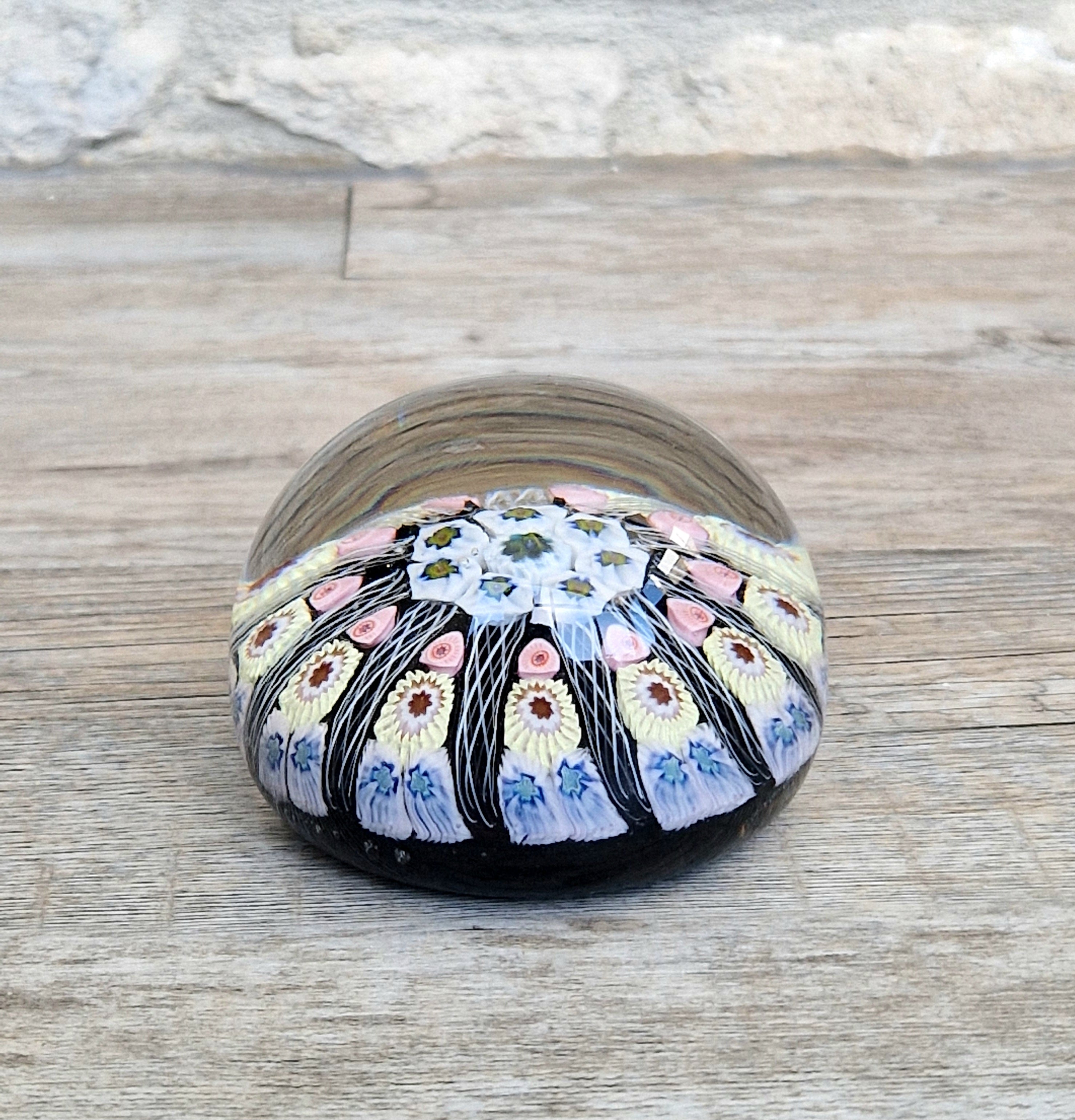 Strathearn Art Glass Paperweight 11 Spoke Millefiori with Filligree on Purple Ground Vintage