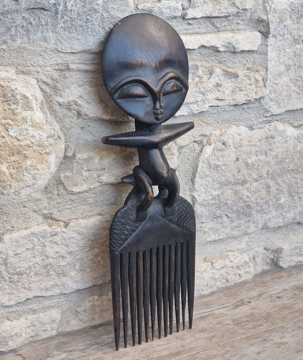 Vintage 31cm Ashanti Wooden Comb Duafe Hand Carved African Tribal Art Ghana Akuaba Doll