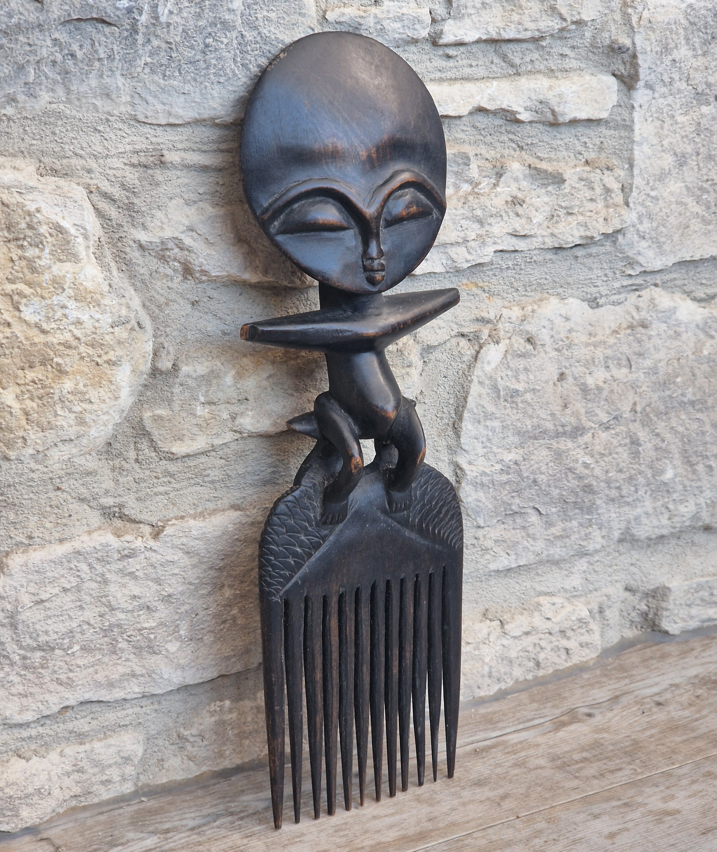 Vintage 31cm Ashanti Wooden Comb Duafe Hand Carved African Tribal Art Ghana Akuaba Doll