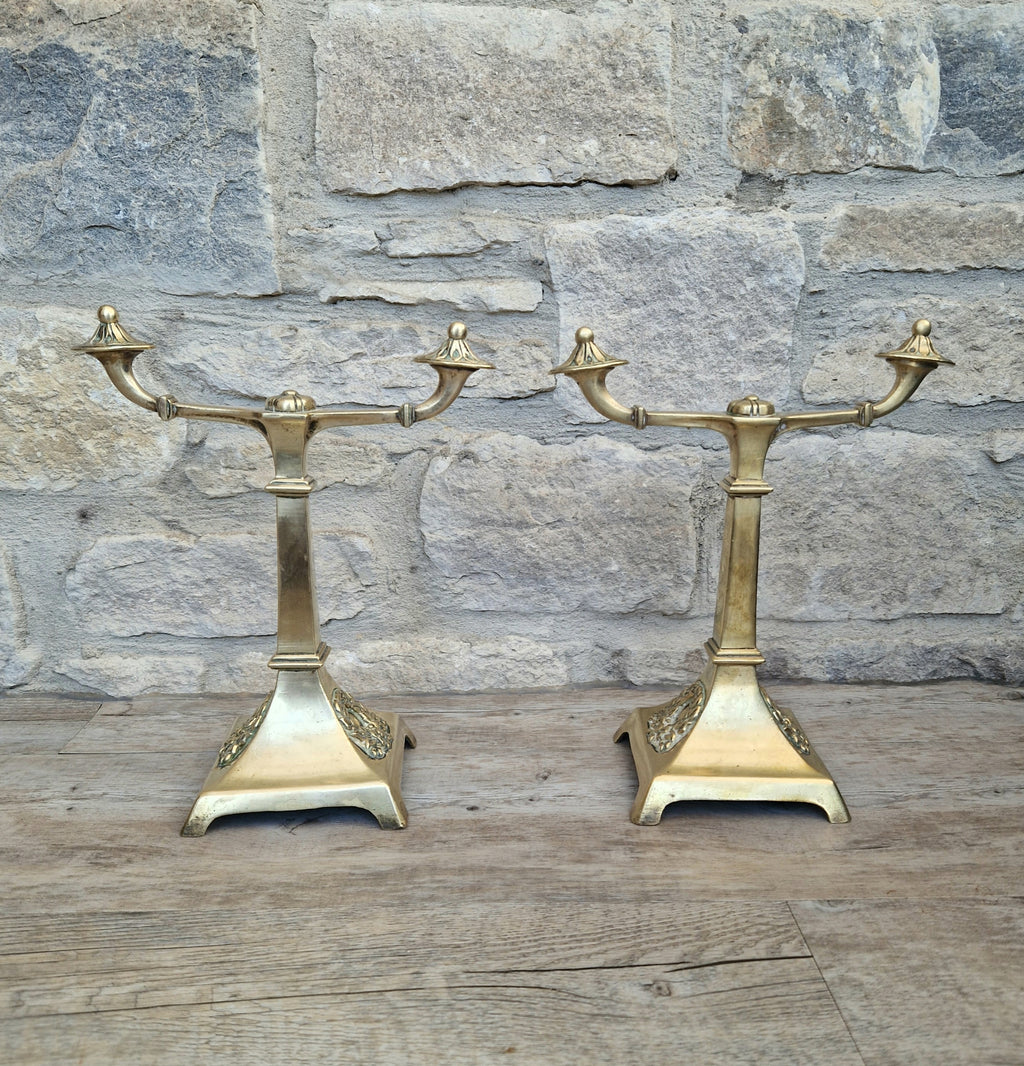 Louis XVI Revival Cast Brass Andirons Fire Dogs Wreath Relief Decoration Pair (c.1870–1900)