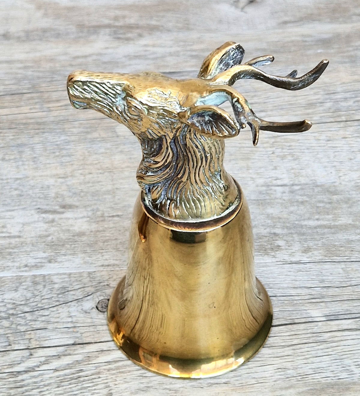Pair Vintage Brass Stag Stirrup Cups Silver Plated Interiors Naturally Patinated Hunting Barware 1970s