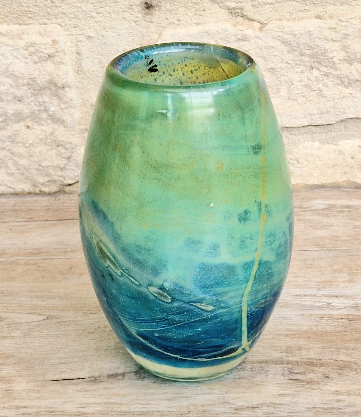 Vintage Mdina Maltese Art Glass Tiger Vase 16cm Signed Mid Century Blue Green 1kg