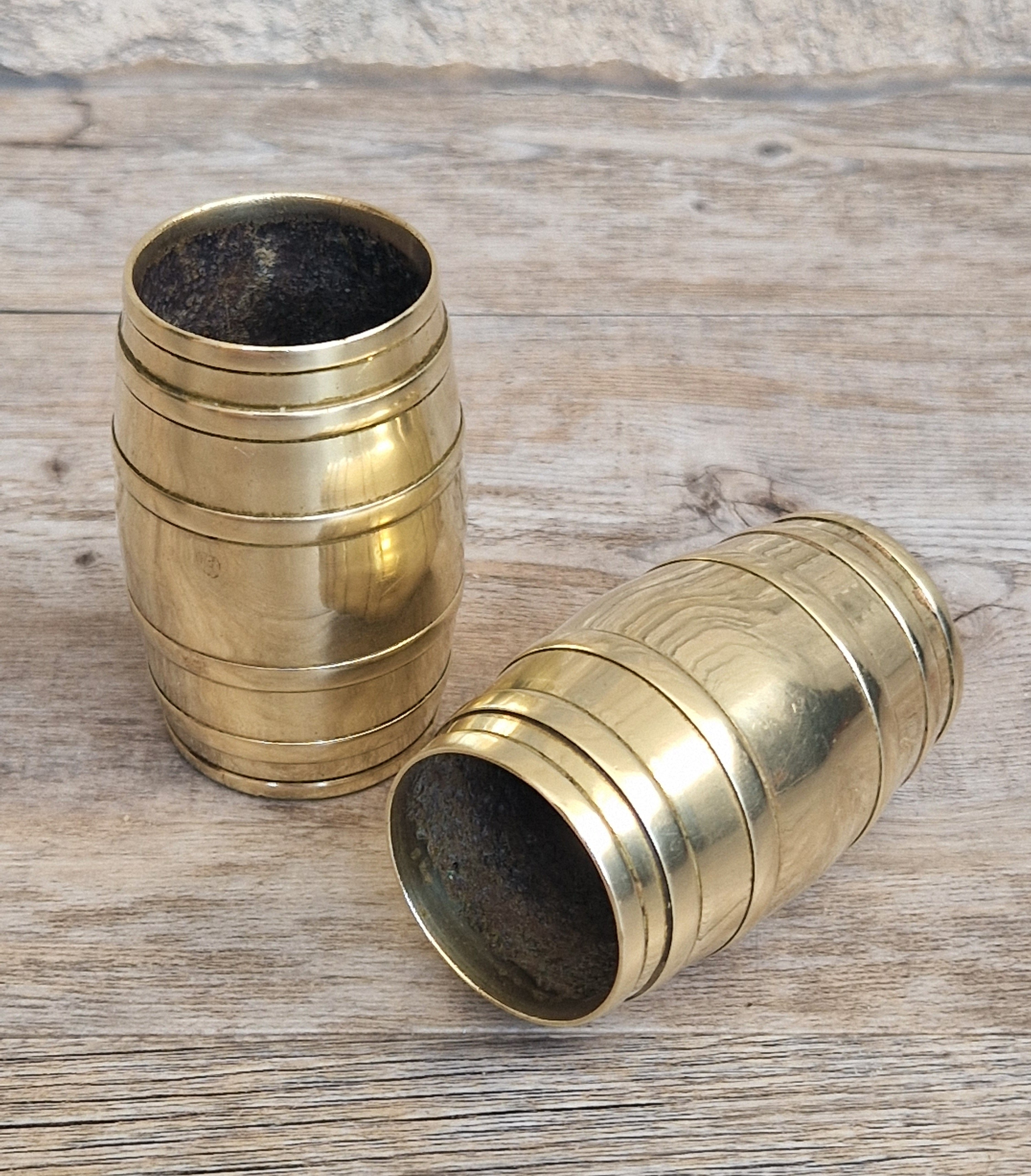 Pair of Vintage Brass Bound Barrel Table Match Holders Desk Pen Holders