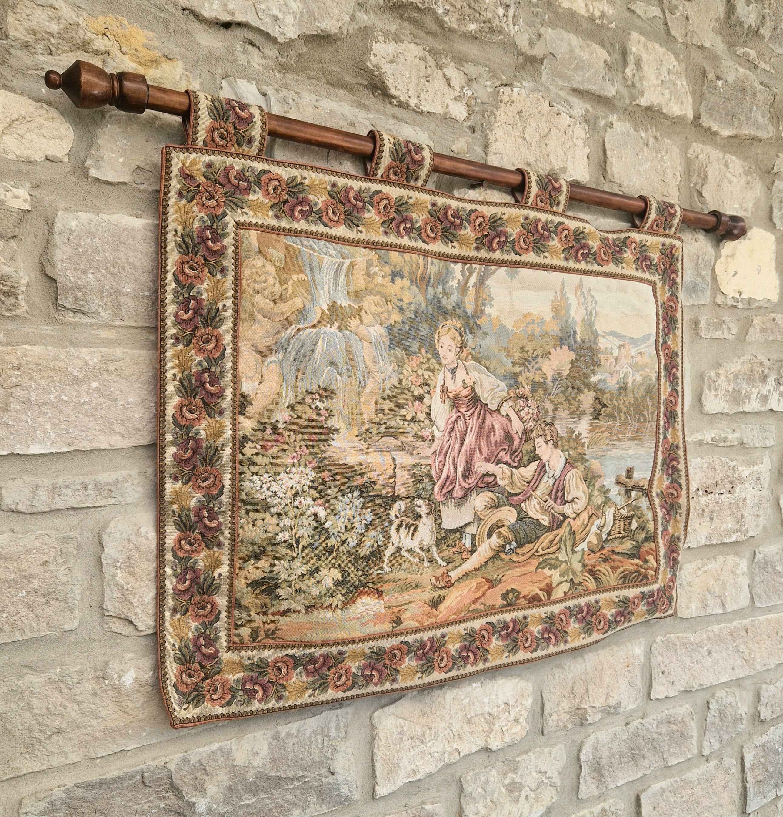 Vintage French Jaquard Pastoral Tapestry Wall Hanging Mounted on Oak Finialled Pole Linned & Finished in England 86cm x 62cm