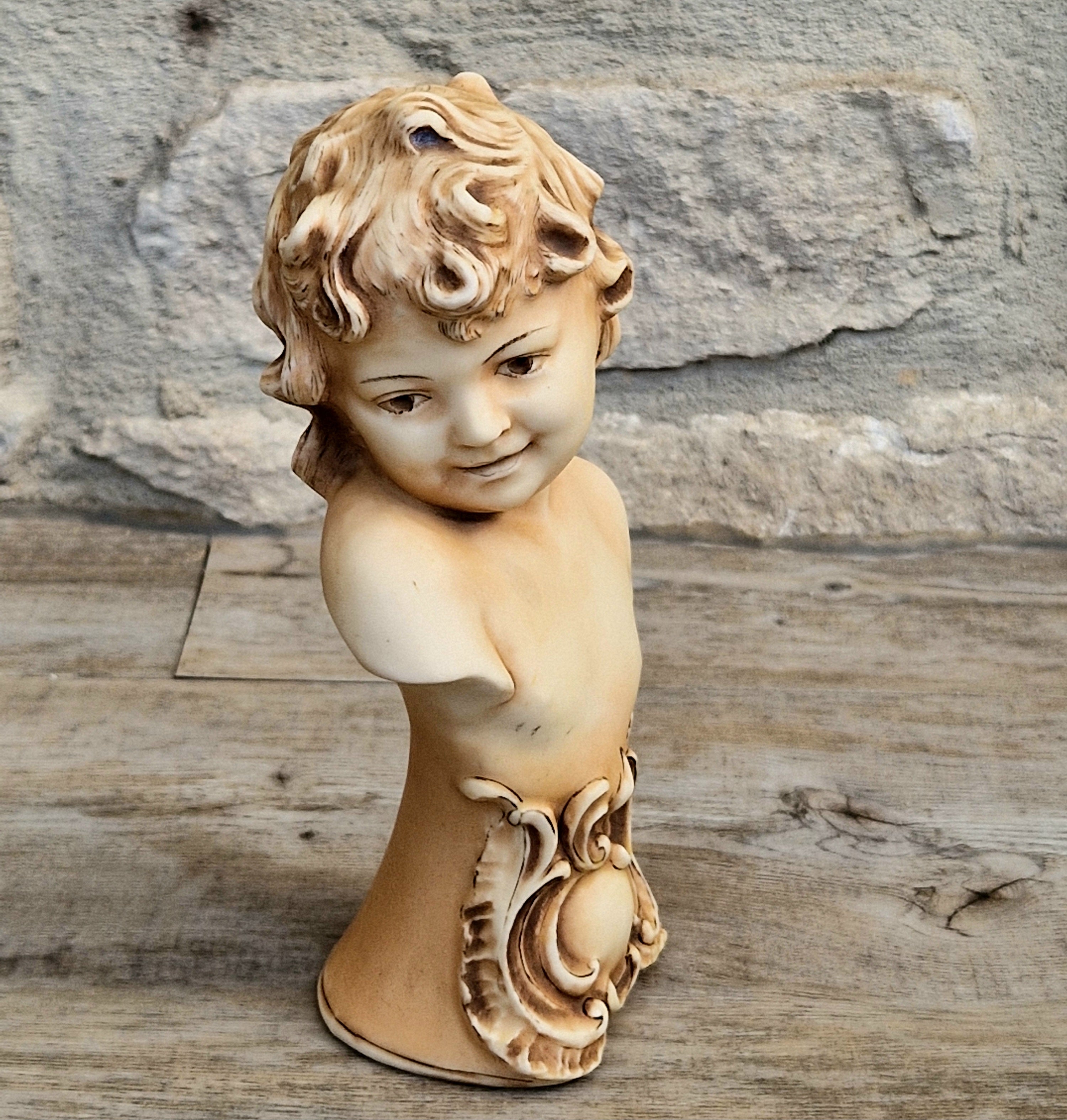 Antique NeoClassical Continental Patinated Bisque Porcelain Putti Child Bust Figure Ornament