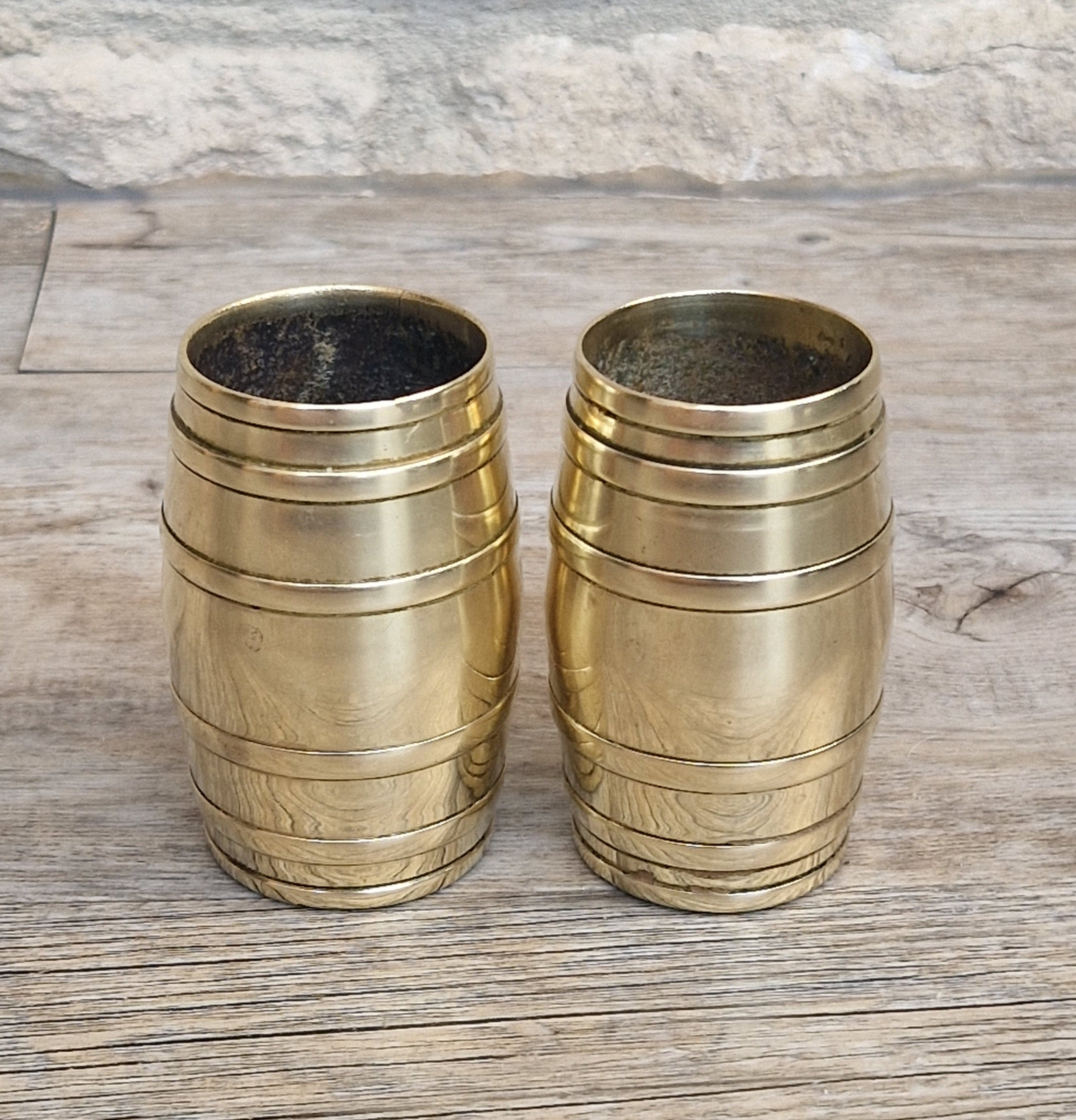 Pair of Vintage Brass Bound Barrel Table Match Holders Desk Pen Holders