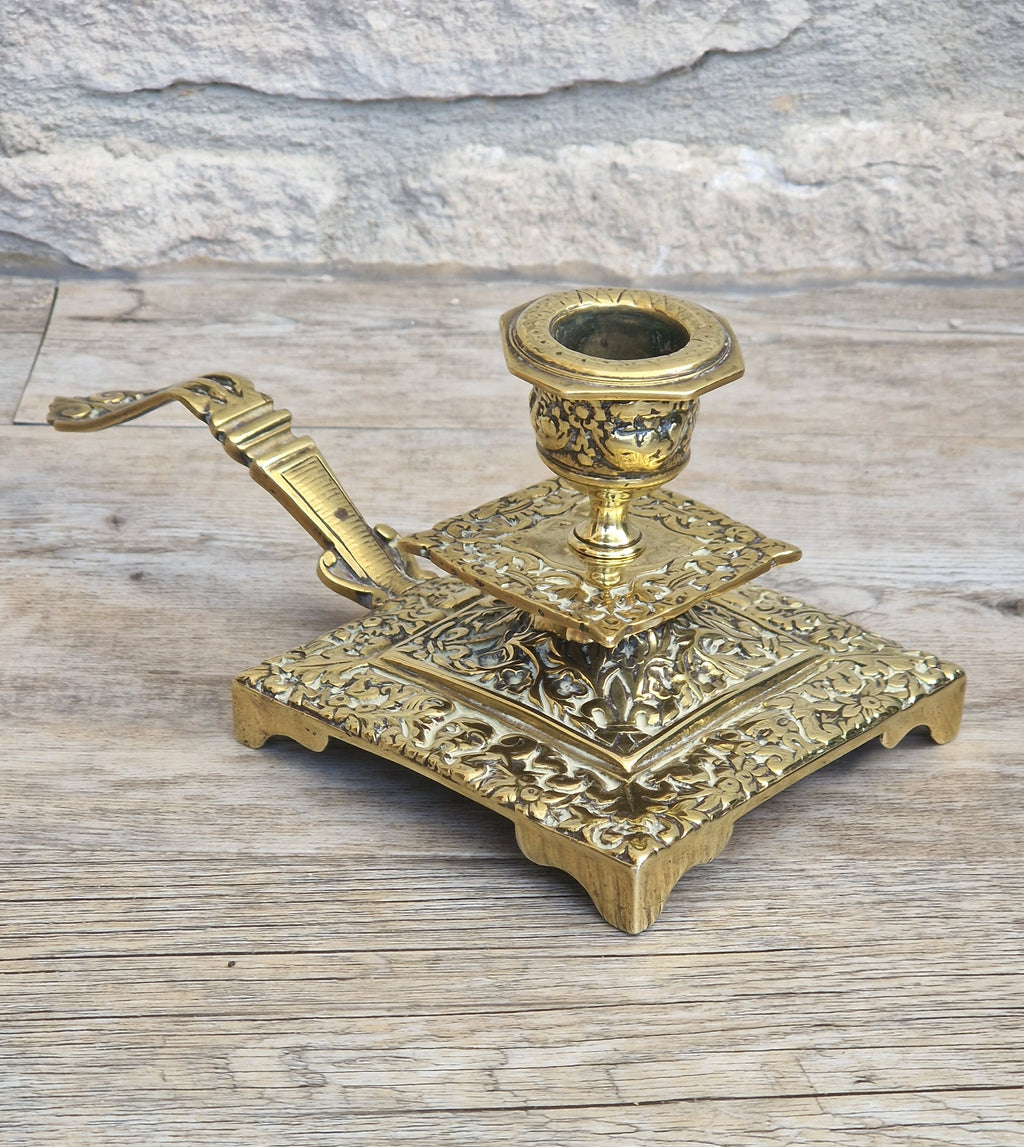 Fine French Antique Rococo Solid Brass Square Tiered Footed Chamberstick