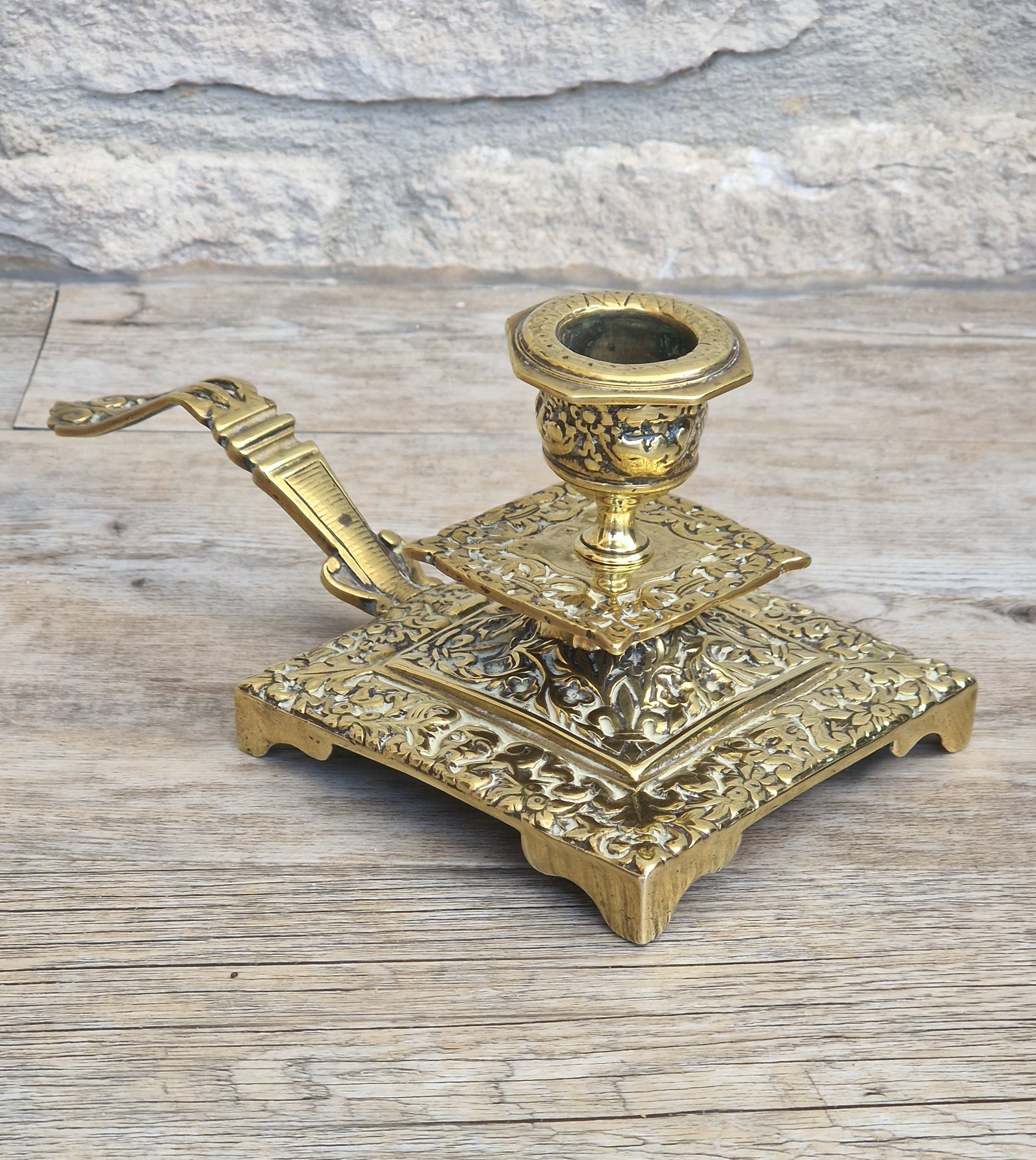 Fine French Antique Rococo Solid Brass Square Tiered Footed Chamberstick