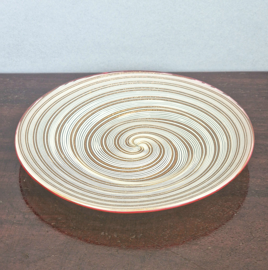 Antique Salviati Murano Glass Plate, Mezza Filigrana, Copper Aventurine, Red Rim, Venetian, c.1860–1872, 17.8cm, Rare Collectable