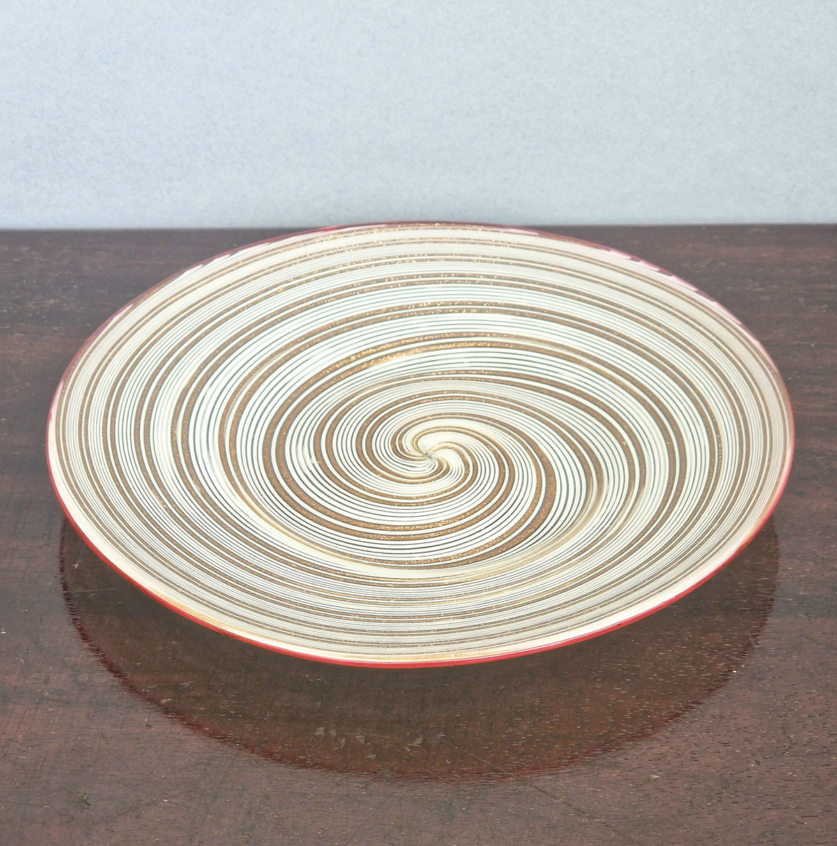 Antique Salviati Murano Glass Plate, Mezza Filigrana, Copper Aventurine, Red Rim, Venetian, c.1860–1872, 17.8cm, Rare Collectable