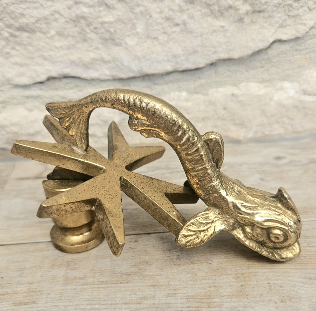 Vintage Malta Cutajar Works Brass Dolphin Door Knocker with Maltese Cross, Rare Figural Door Furniture