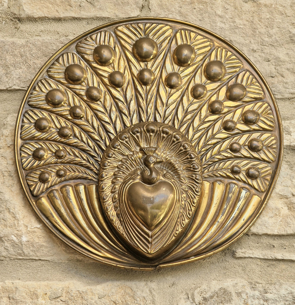 Rare Signed George Johnson Brass Peacock Wall Pocket Plaque 29cm Victorian Arts and Crafts 1880s