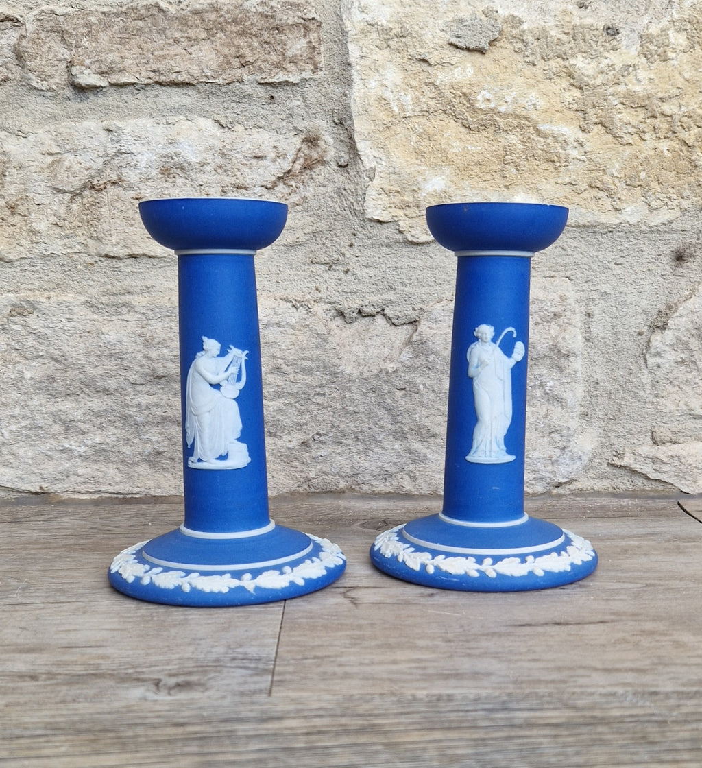Vintage Wedgwood Jasperware Candlestick Pair: Dark Blue Taper Candle Holders