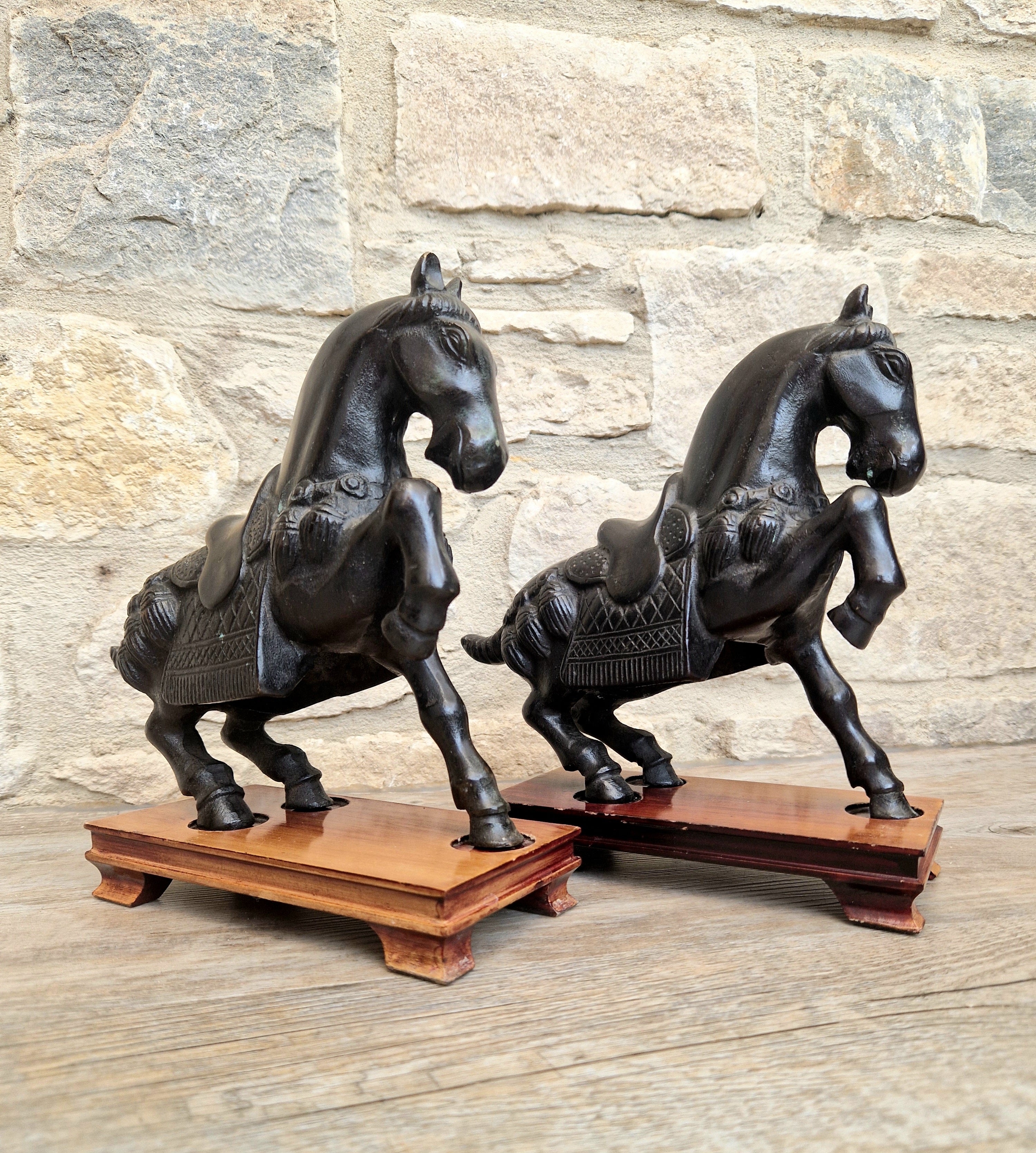 Fine Pair of Vintage Heavy Cast Bronze Tang-Style Chinese Horse Sculptures On Wooden Plinths