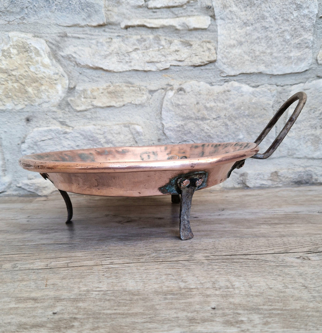 18th - 19th Century Copper & Iron Handle French Tripod Footed Tart Pan Rare Antique Kitchenalia