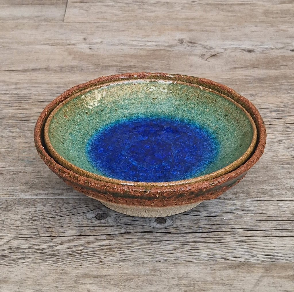 Vintage Studio Art Pottery Alan Hemmings Nested Blue Crackle Glaze Ceramic Bowls