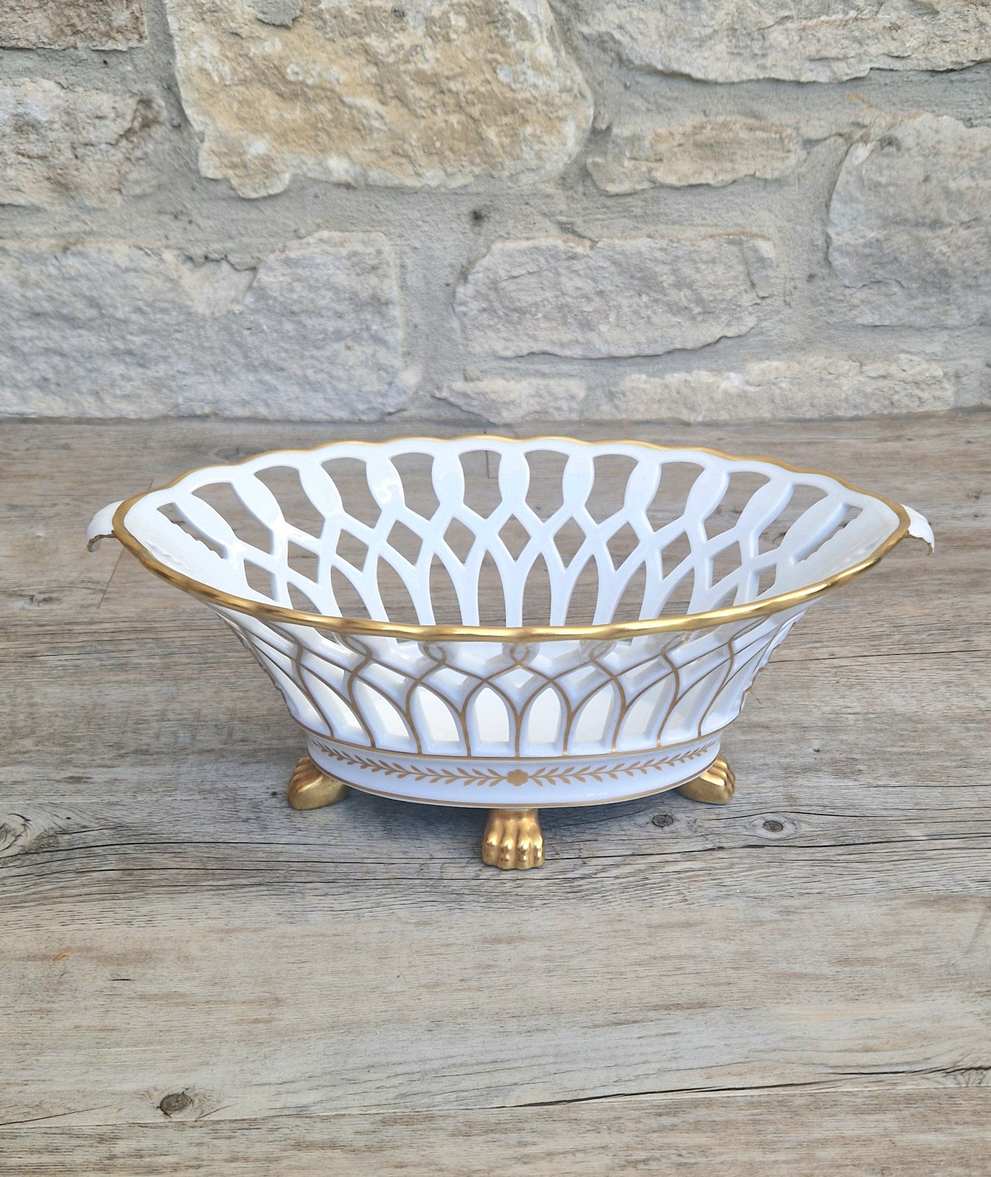 Large Vista Alegre Reticulated White & Gold Ceramic Basket Fruit Bowl Old Paris Style