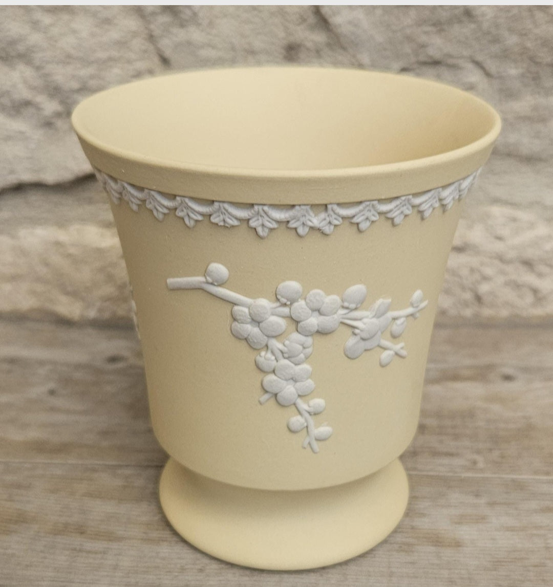 Vintage Wedgwood Jasperware Primrose Yellow Vase White Prunus England Collectible Decorative 10cm Tall