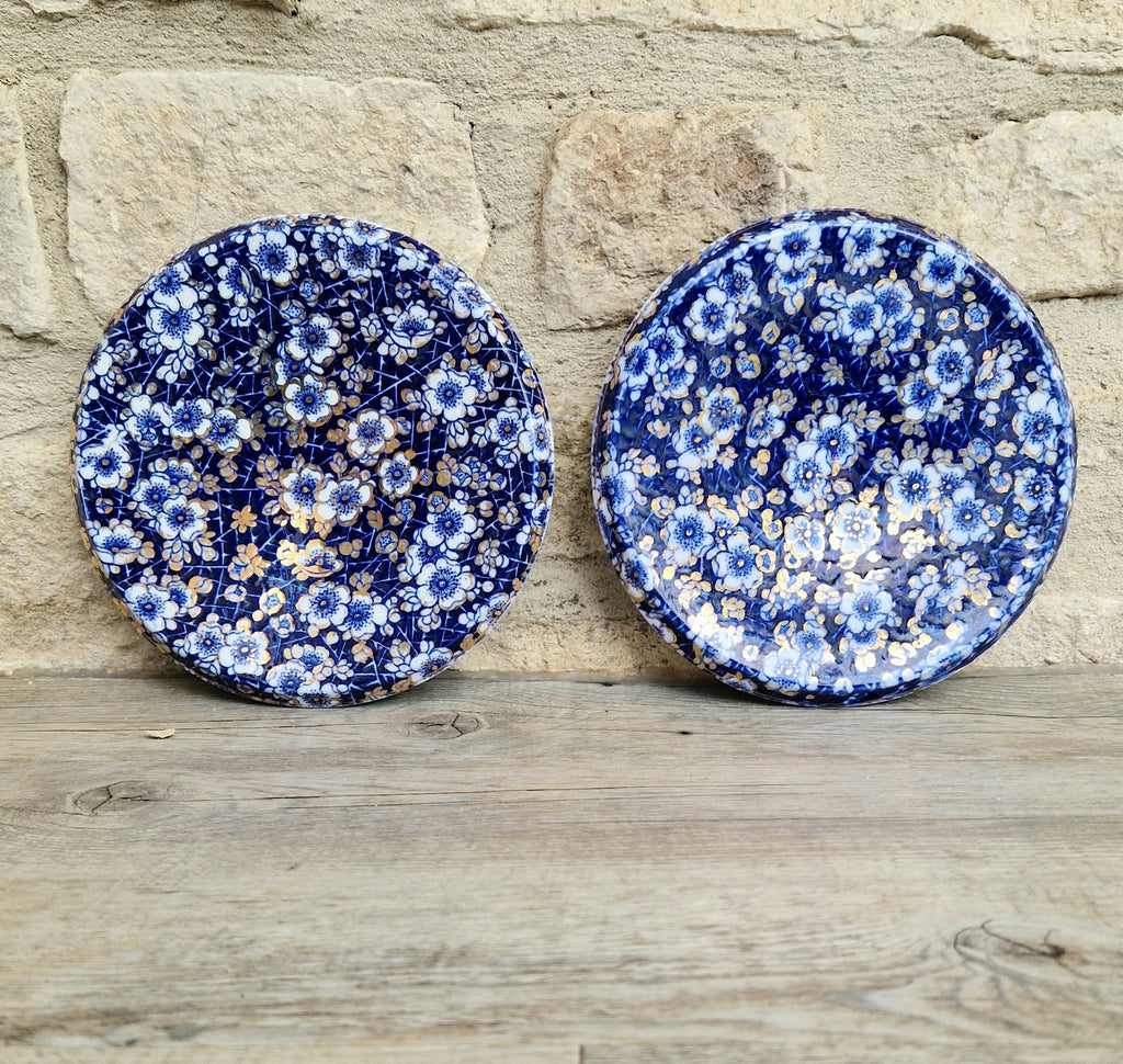 Pair of Rare Antique Trivets Gilt Blue & White Hawthorn Pattern Round Stoneware Trivets 17cm