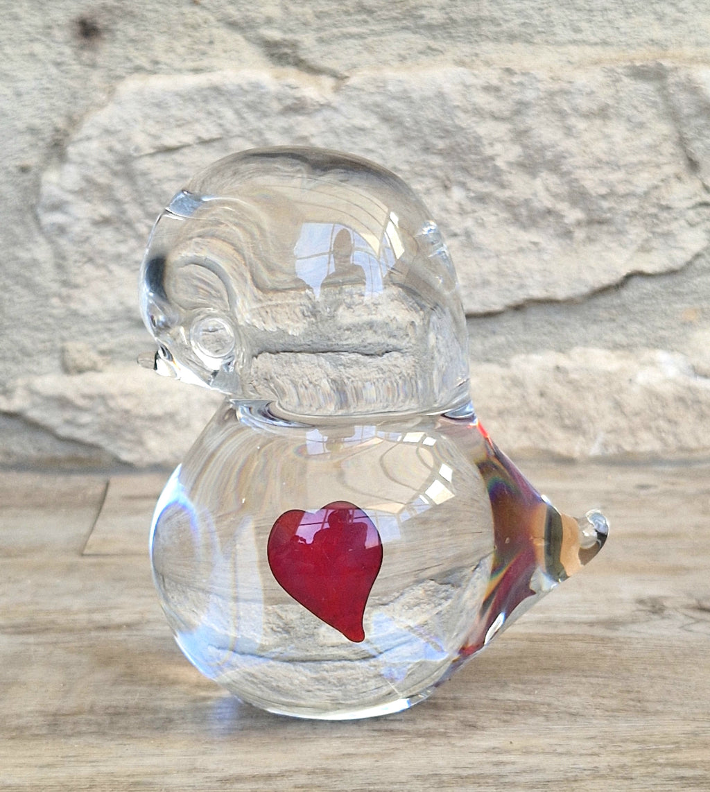 Art Glass Stylised Duckling Shaped Clear Glass With Embedded Red Heart Paperweight Ornament