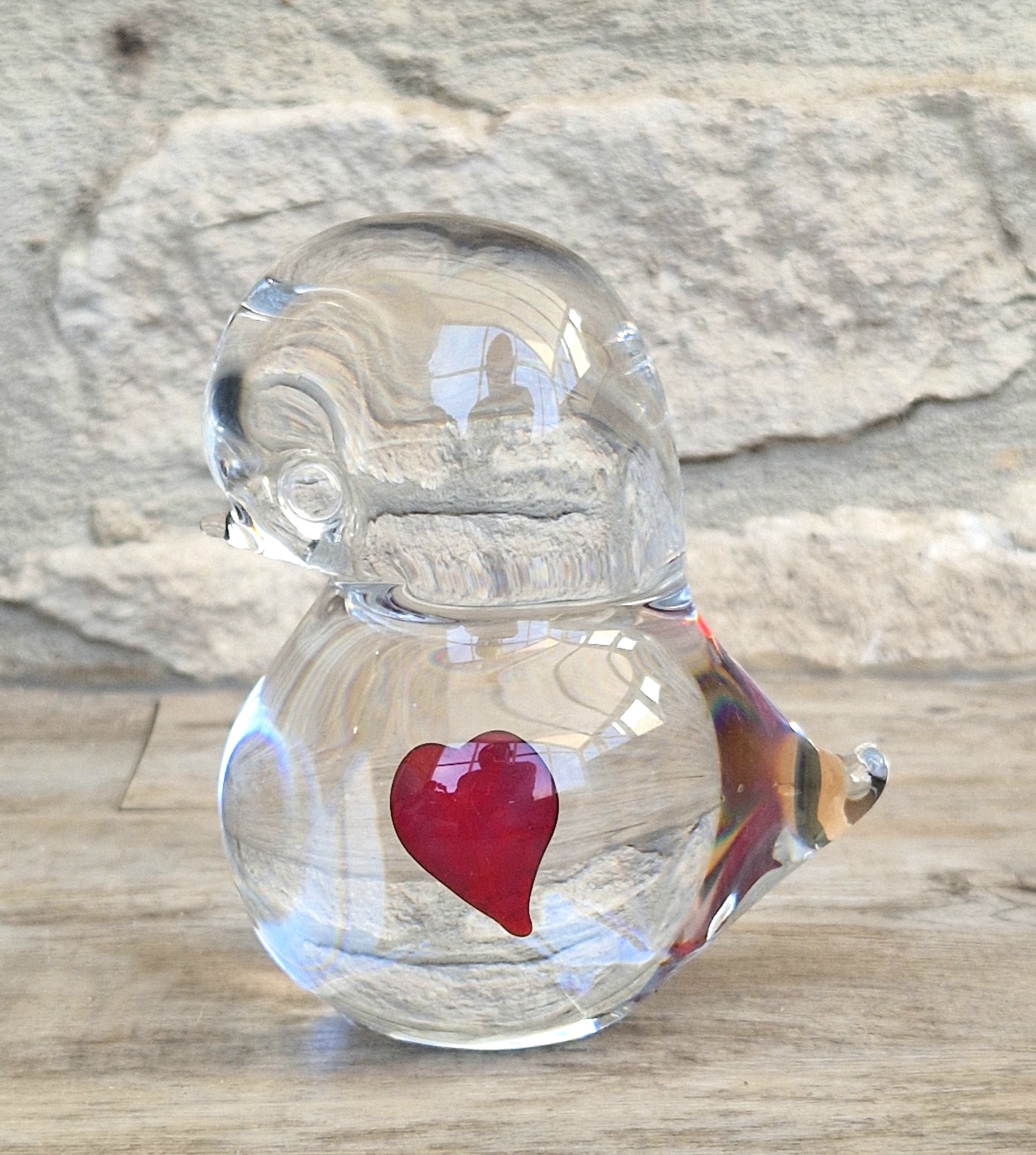 Art Glass Stylised Duckling Shaped Clear Glass With Embedded Red Heart Paperweight Ornament