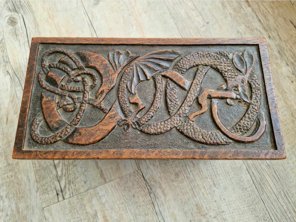 Antique Oak Dragon Foot Stool Carved Celtic Design, Rustic Foldable Furniture