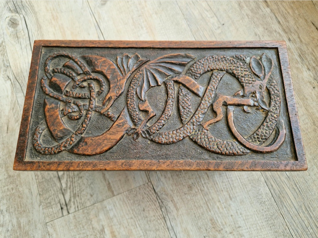 Antique Oak Dragon Foot Stool Carved Celtic Design, Rustic Foldable Furniture