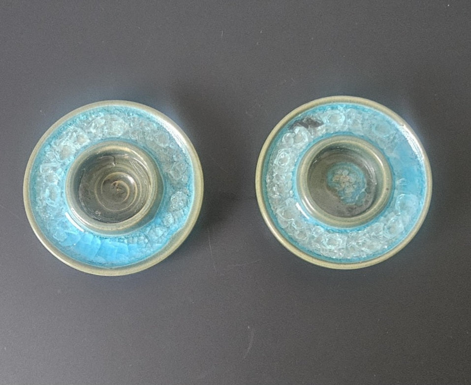 Handmade Pair of Turquoise Green Pottery Tea Light Candle Holders Crackle Glass Studio Pottery Unusual