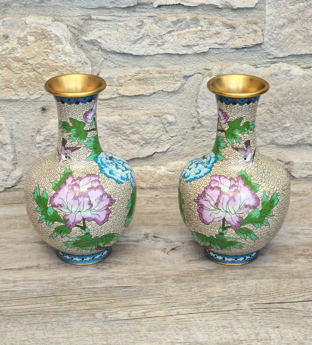 Pair Of Large Cloisonne Mirror Matched Peony Vases Mid 20th Century Exemplary Condition 23cm