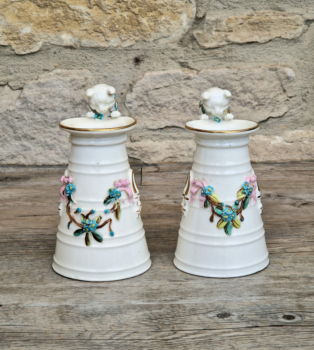 Antique Copeland Porcelain Cat Cream Churn Vases Pair Floral Applied Flowers Gilt 19th Century