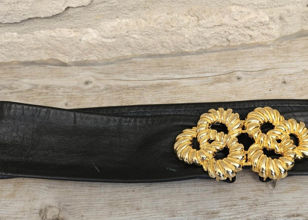1980s Soft Black Leather Belt with Gold Metal Buckle 31" Long