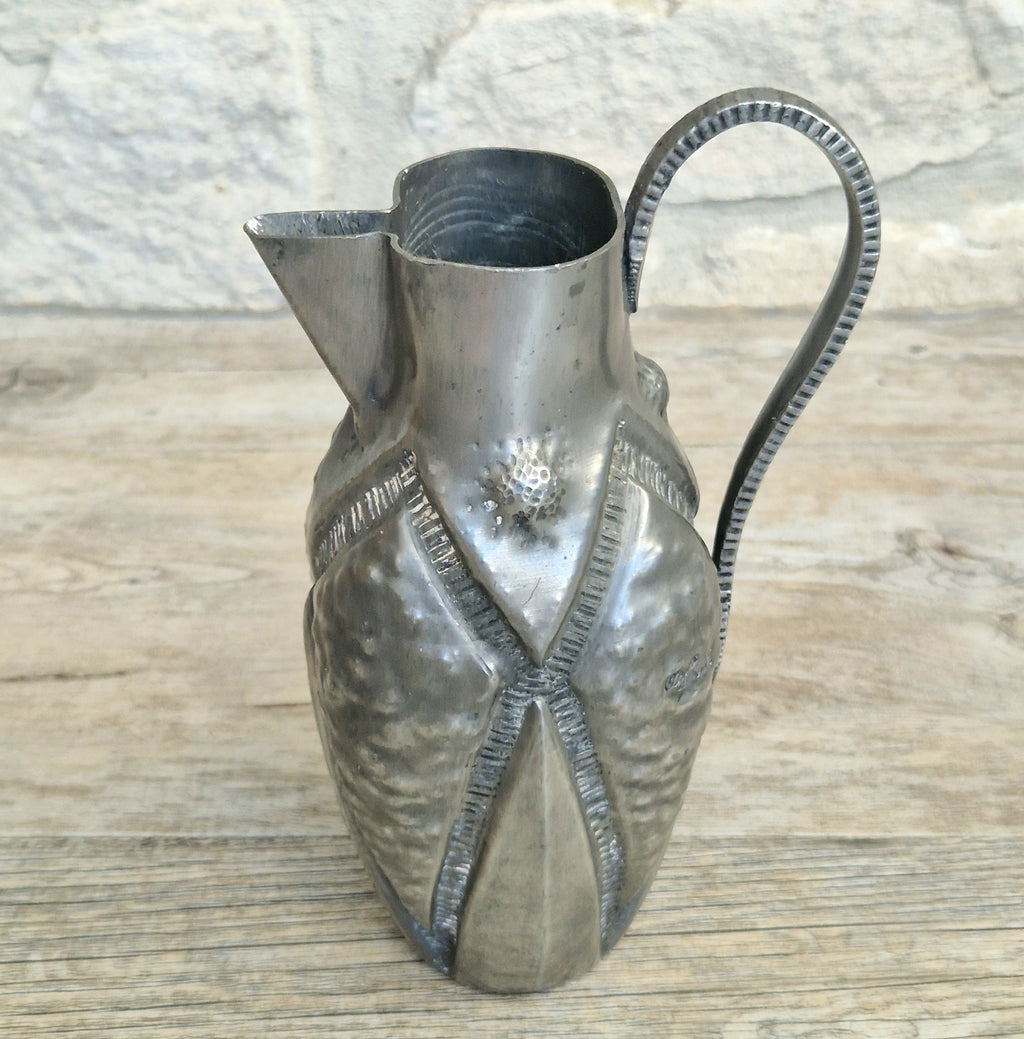 Antique French Art Deco Pewter Pitcher by Alice and Eugene Chanal Hand Hammered Jug Signed