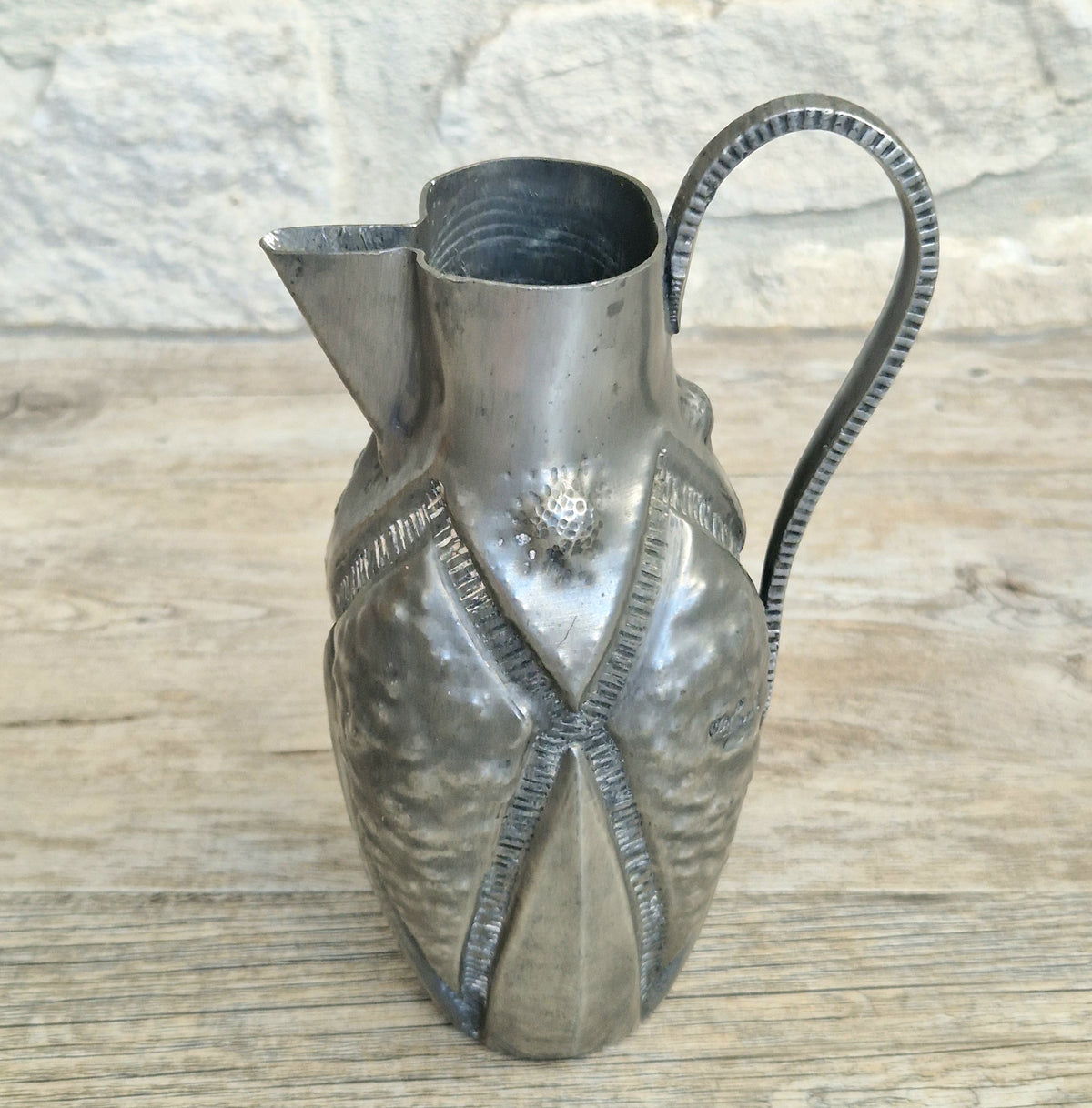 Antique French Art Deco Pewter Pitcher by Alice and Eugene Chanal Hand Hammered Jug Signed