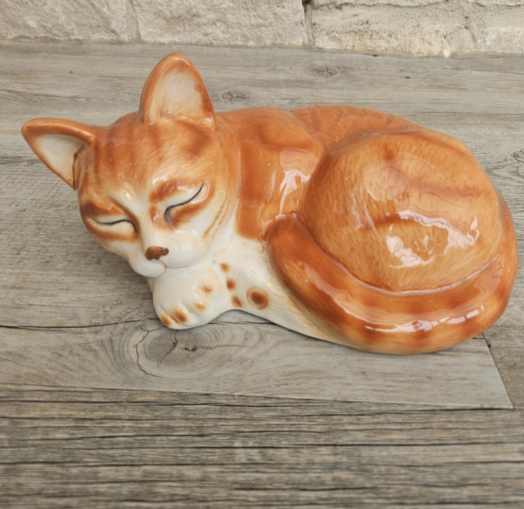Vintage Large Sleeping Ginger Cat Ornament 18cm X 12cm Heavy
