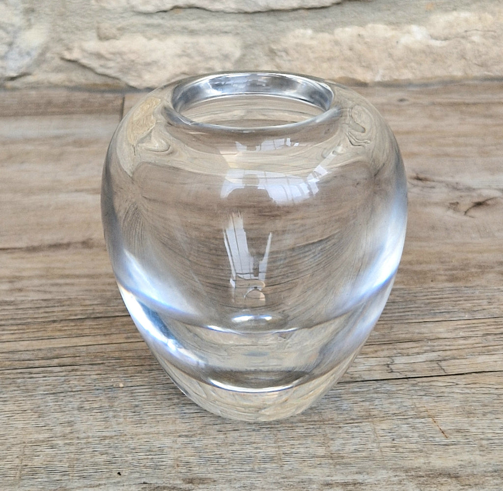 Heavy Mid-Century Clear Hand-Blown Art Glass Ovoid Vase With Polished Frosted Ring Base