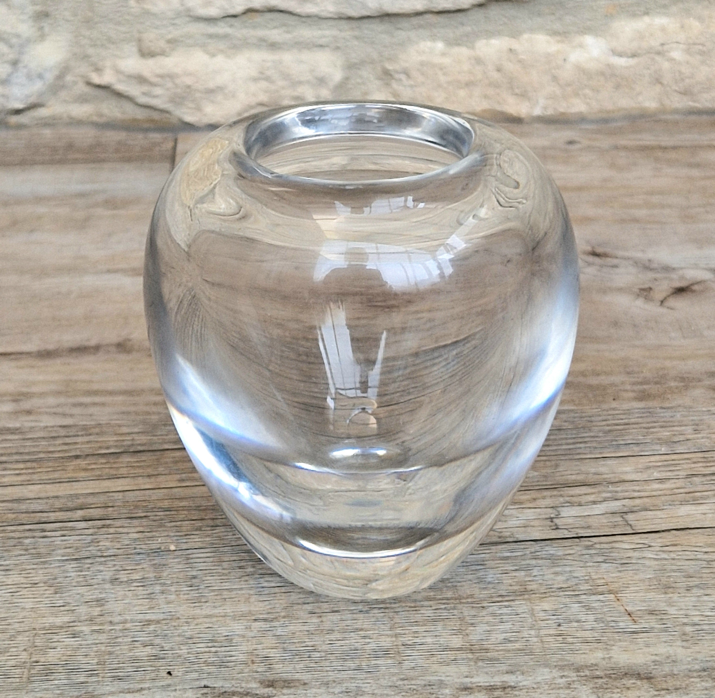 Heavy Mid-Century Clear Hand-Blown Art Glass Ovoid Vase With Polished Frosted Ring Base
