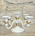 Vintage White Enamel and Gold Five Candle Candelabra Four Arm Elegant Metal Centerpiece