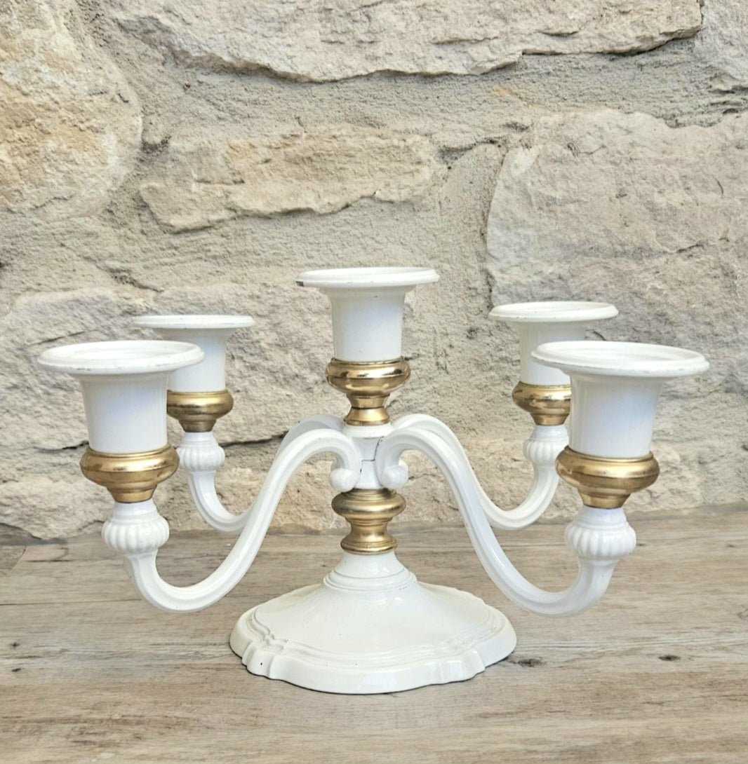 Vintage White Enamel and Gold Five Candle Candelabra Four Arm Elegant Metal Centerpiece