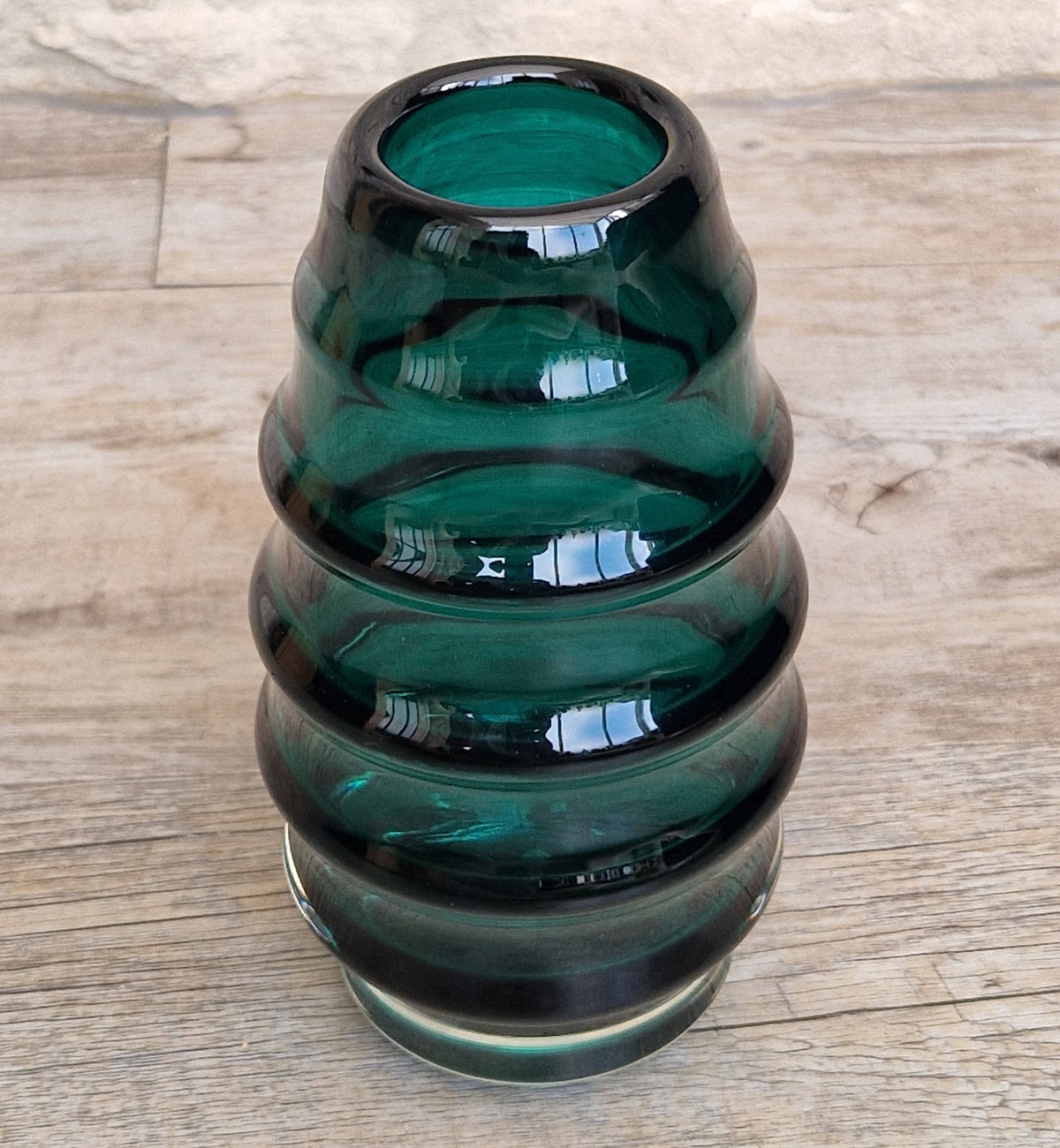 Midcentury Scandinavian Modern Hooped Vase Green Glass Magnor Norway, 1960