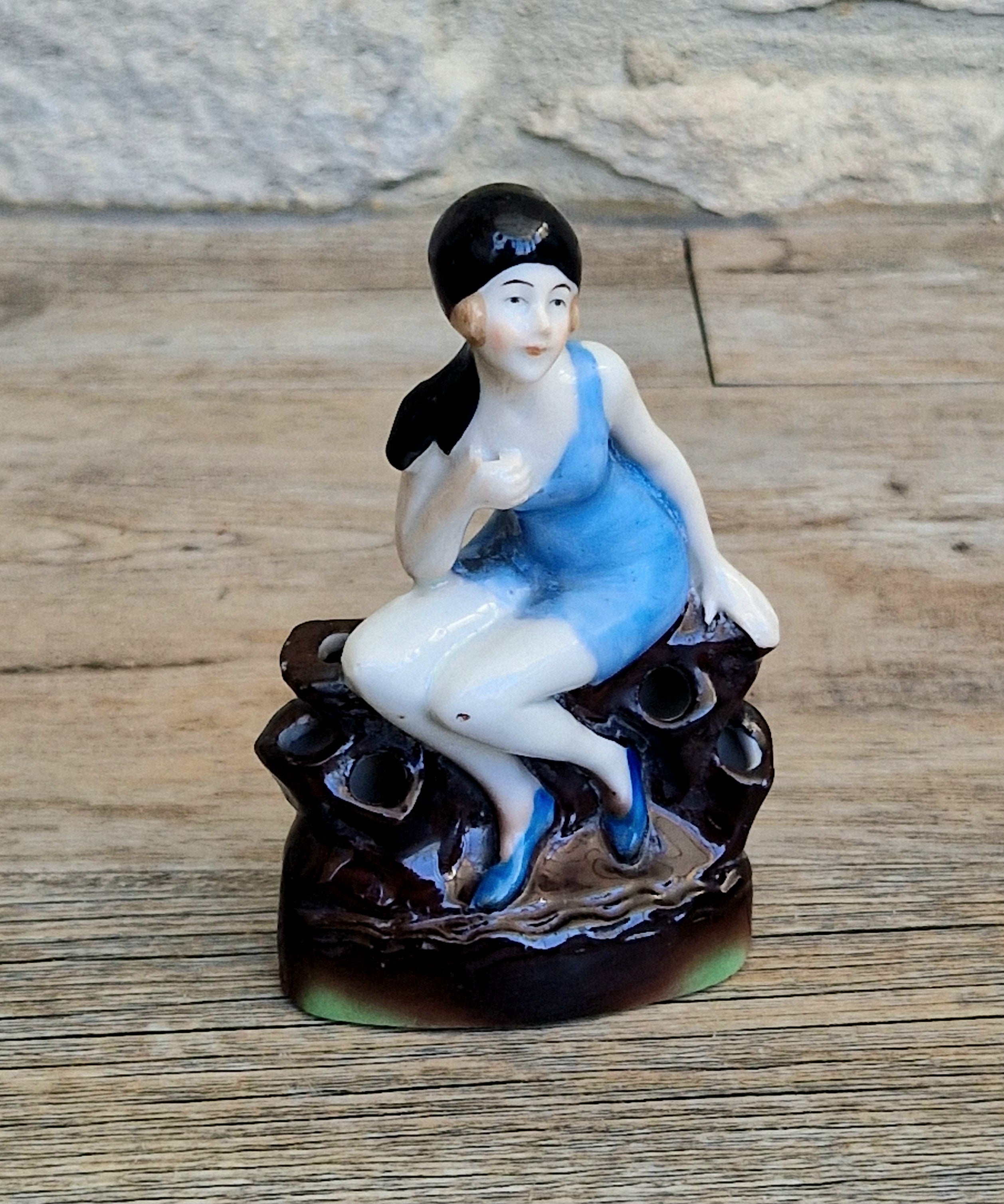 Art Deco Flapper Girl Bathing Belle Figure Ornament Ceramic Hat Pin Holder Continental 1930's