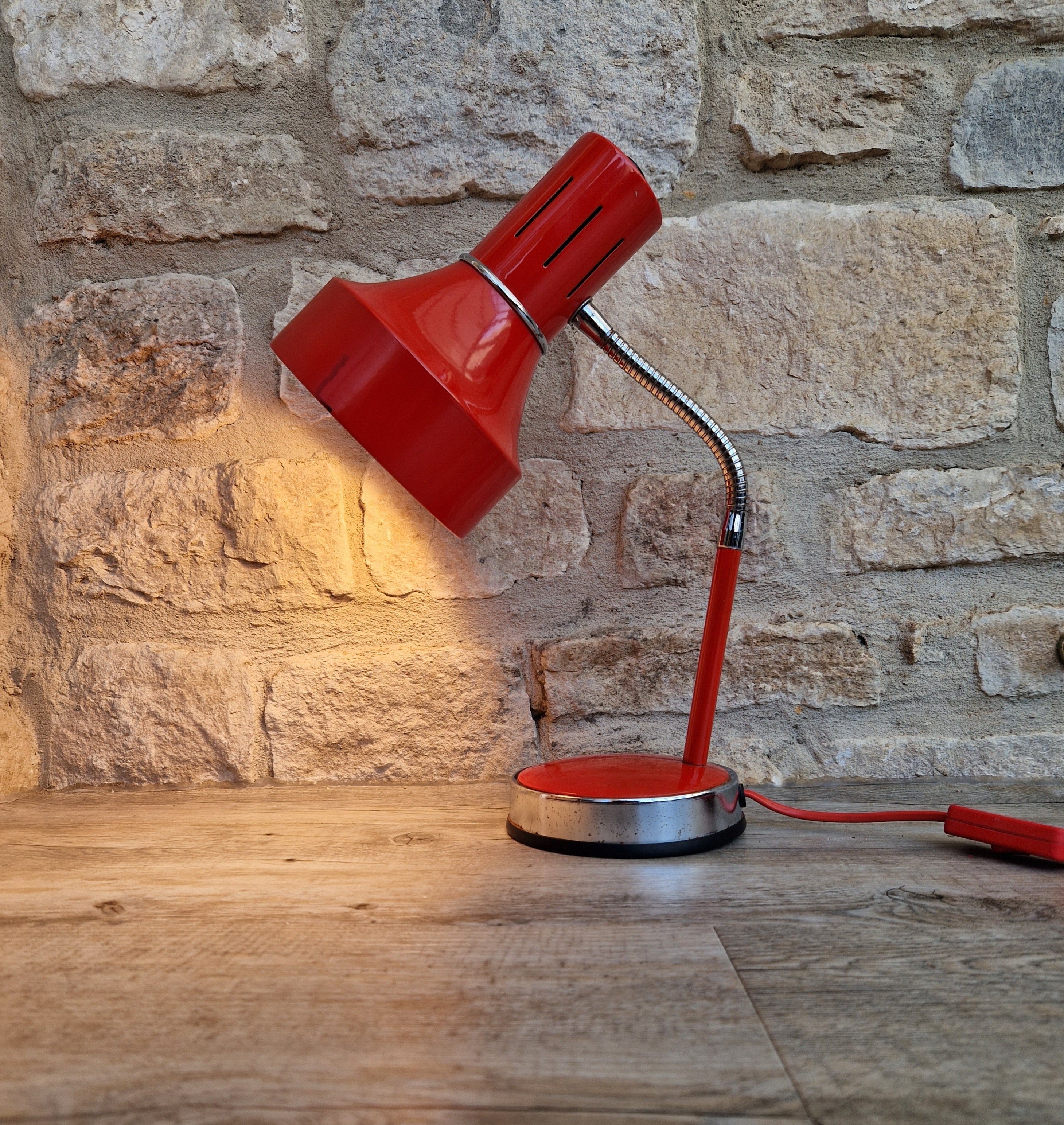 1980s Cherry Red Desk Lamp: Mid Century Space Age Flexible Lamp