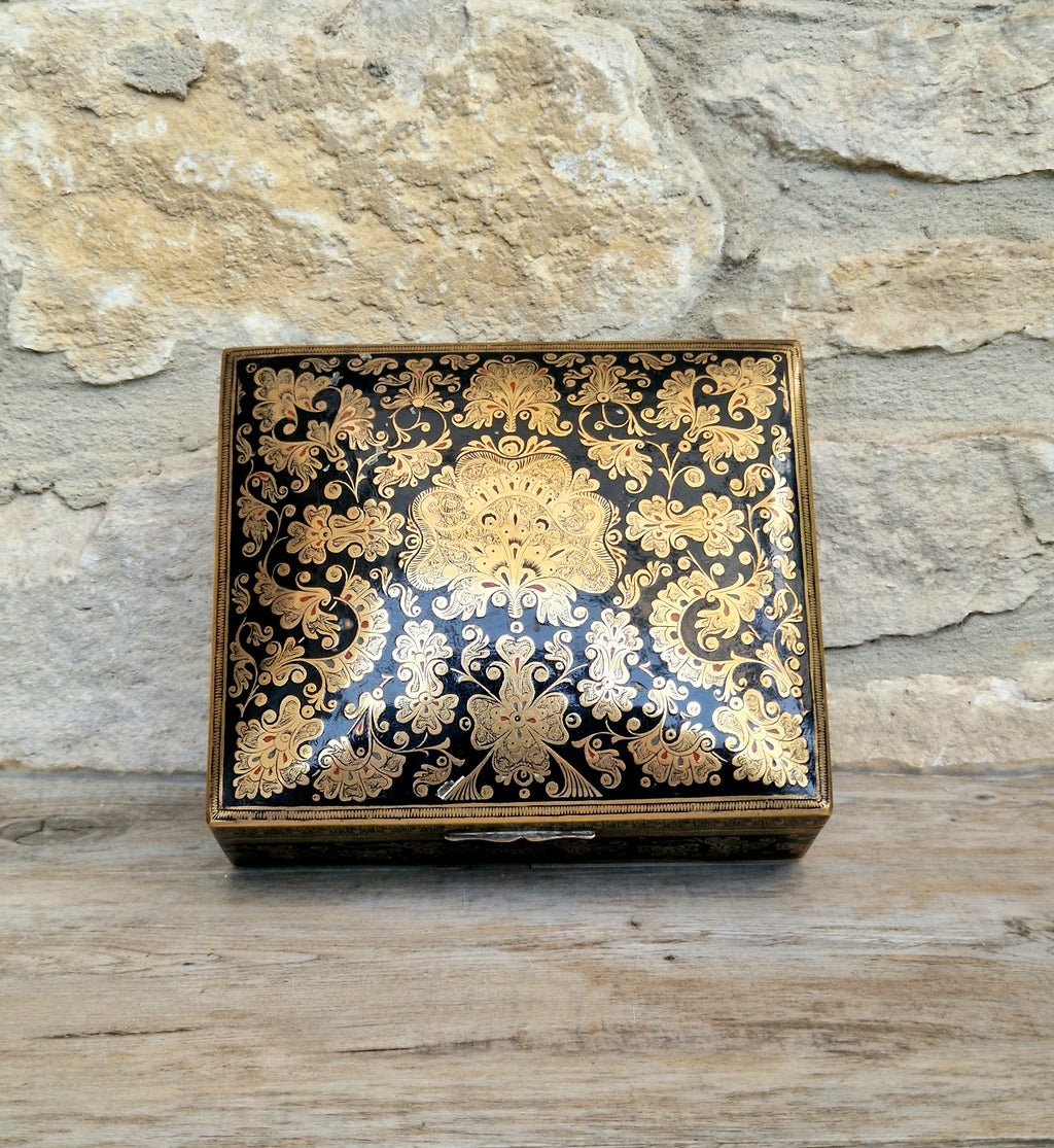 Vintage Brass Black Enamelled Large Ornate Teak-Lined Desk Cigar Box