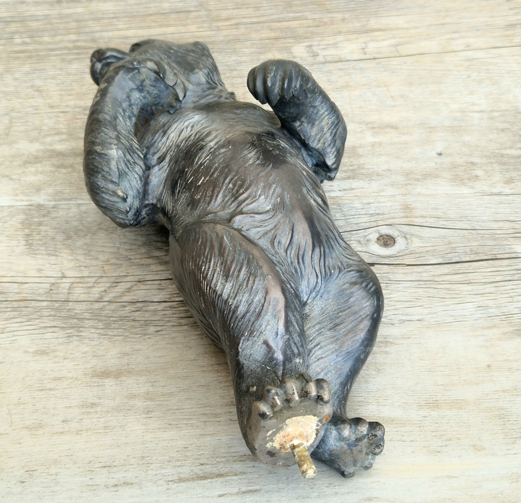 Cast Spelter Standing Bear Sculpture On Rustic Wood Base Rare Antique Art Deco