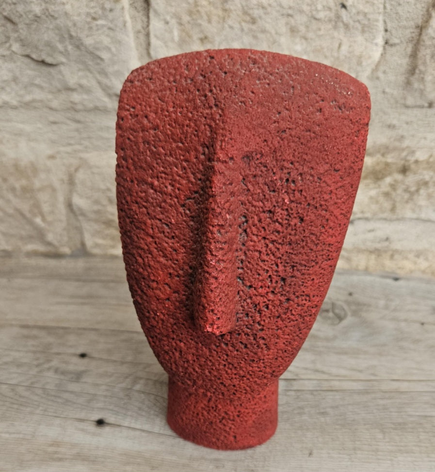 Vintage Red Cycladic Head Sculpture Minimalist Pop Art Textured Resin 18.5cm Tall