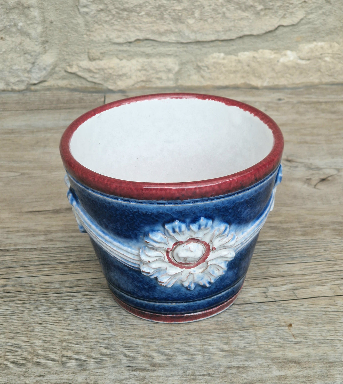 Italian Majolica Ceramic Blue & Red Floral Planter Vase Vintage